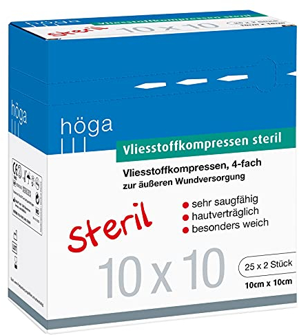 Höga Vliesstoffkompressen steril 10cm x 10cm, 4-fach zur äußeren Wundversorgung, sehr saugfähig, hautverträglich, besonders weich, 25x2 Stück, 30g/m², Klein, 1 Stück