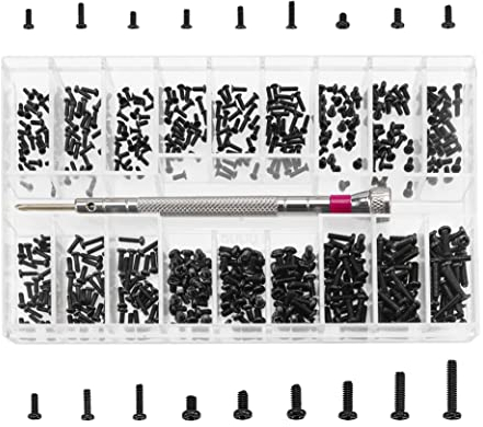YIXISI 500 Stück Kleine Schrauben Sortiment Kit, 18 Größen Edelstahl Winzige Reparaturschrauben Set mit Schraubendreher, M1.2 M1.4 M2 Winzige Mikroschrauben, Schwarz