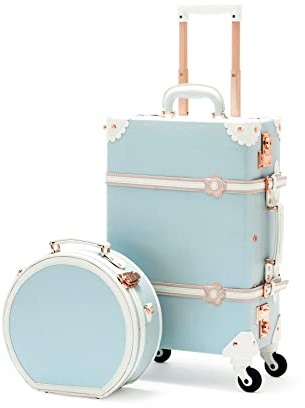 COTRUNKAGE Vintage Trolley Koffer Handgepäck mit Rollen, Reisekoffer Set 2 Teilig mit Beautycase, TSA Schloss, 55cm Handgepäck + Hutschachtel(Himmelblau)