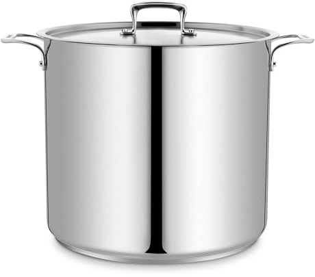 Stainless Steel Stockpot with Lid 24 Quart, Durable 18/8 Stainless Steel, Impact-Bonded Base for Even Heating, Riveted Handles, Oven & All Stove Compatible, Safe Up To 500°F (260°C)