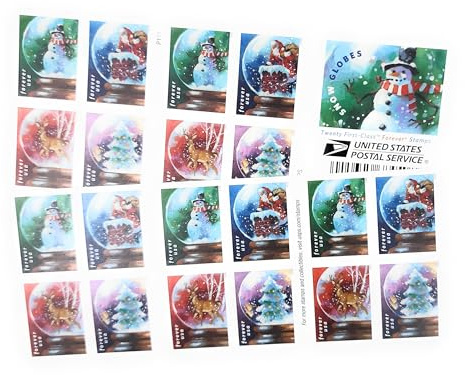 United States Postal Service USPS Snow Globes (Booklet of 20) Forever Postage Stamps (A Snowman, Santa Claus Poised on a Chimney, a Majestic Deer, and a Christmas Tree) 2023 Scott #5816-5819