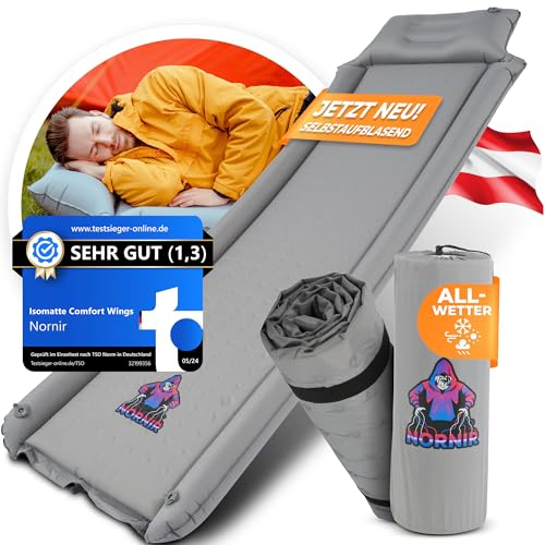 Nornir Isomatte Selbstaufblasend [Comfort Wings] aufblasbare Matratze mit Memory Foam Winter Herbst Camping Matratze Schaumstoff 5cm dick Wasserabweisend für Wandern, Festivals, Camping