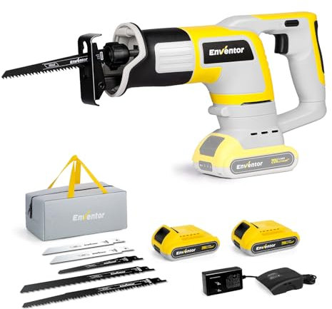 Enventor 20V Gattuccio a Batteria, Sega a Gattuccio con 2x2.0Ah Batterie, 5 Lame, Velocità Variabile 0-3000SPM, Taglio Massimo 115mm, Per il Taglio di Legno e Metallo