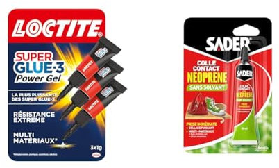 Loctite Super Glue-3 Power Gel Mini Dose, colle forte enrichie en caoutchouc, mini-dose de colle gel ultra-résistante & Sader Colle Contact Type Néoprène – Sans Solvant et Sans Odeur