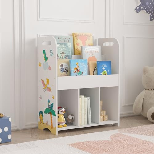 [en.casa] Barnhylla Røyrvik bokhylla för barn med 6 öppna fack leksakshylla 75 x 62 x 29 cm leksaksförvaring dinosauriemotiv