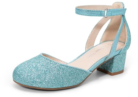 DREAM PAIRS Girls Block Heel Pumps,Blue,4 Big Kid