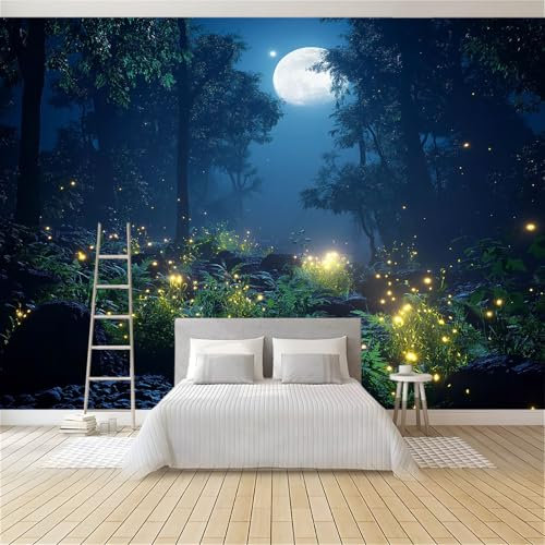Fotomurale 3D Carta Da Parati Fotografia Foresta Notturna Luna Piena Lucciole Blu Scuro 400 x 280 cm Carta Da Parati Camera Letto Moderna Fotomurali Murales Poster Gigante Moda Decorazione Da Muro