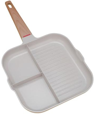 perfk Sartén para Parrilla Dividida, sartén para Desayuno, sartén para filetes de Huevo con Mango de Madera, sartén para Huevos para freír y Hornear, Blanco