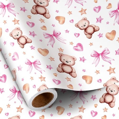 RUSPEPA Rouleau de papier cadeau pour bébé fille, mini rouleau, ours rose avec cœur, nœud et étoile, papier cadeau pour baby shower, anniversaire et occasions spéciales, 43,2 cm x 5 m
