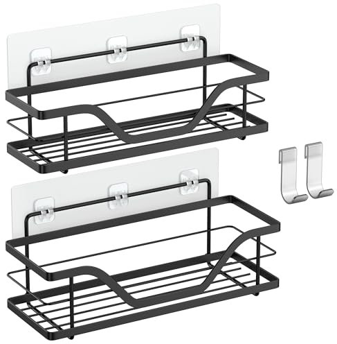 ALOCEO Shower Caddy 2 Pack with 2 Hooks, No Drilling Rust-Proof Stainless Steel Bathroom Shelf Organizer, Black