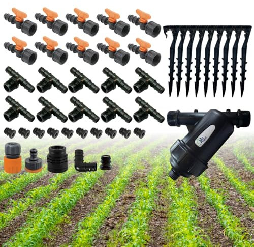 acquaverde | Kit di 46 Raccordi per Espansione Sistemi di Irrigazione a Goccia da 100 mq e 10 File, Incluso Filtro da 1 per Impianto Irriguo di Orto, Giardino e Piante - Orto Facile, MADE IN ITALY