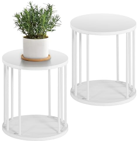 HDANI Soporte Redondo para Plantas de Metal de 35 cm,Soporte para Flores Sólido y Robusto para Salón,Jardín,Balcón,Taburete para Flores de Madera,Blanco