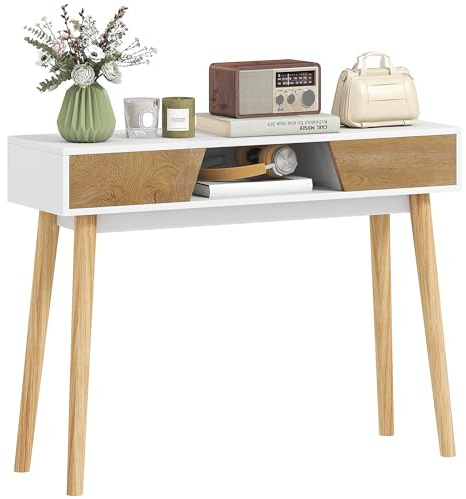 HOMCOM Mesa de Consola Estrecha Consola de Recibidor Mesa de Sofá Moderna con 2 Cajones Compartimento y Patas de Madera para Pasillo Entrada Salón Dormitorio Blanco
