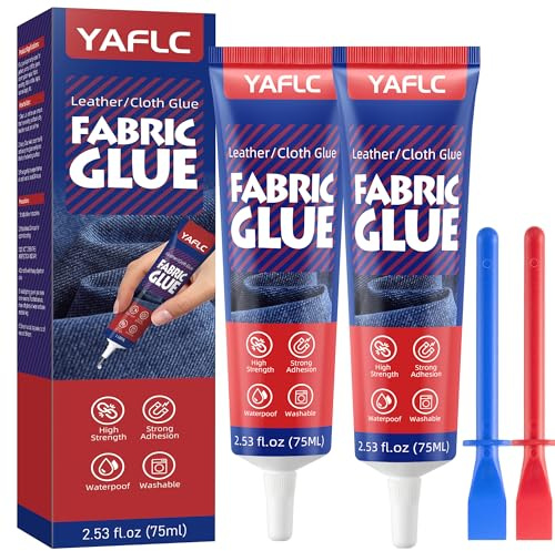 YAFLC Colla per Tessuti 75mlx2, Colla per Tessuti Resistente ai Lavaggi, Adesivo per Tessuto per Stoffa Cotone, Pelle, Flanella, Denim, Poliestere