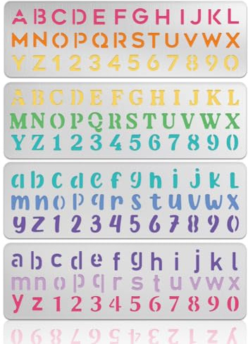 UNICRAFTALE 4 stencil con lettere in metallo, per disegnare diversi modelli di alfabeto, in acciaio inox, con numeri riutilizzabili, per fai da te, scrapbooking, incisione in legno, bruciare, 18 x 5,7