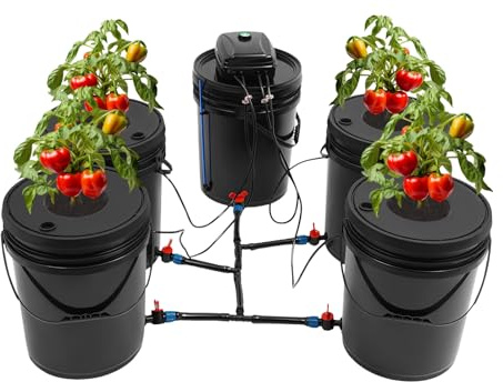 5 Bucket 5.28 Gallon Hydroponic Grow System Recirculating, Deep Water Culture Kit W/ 12-Watt Air Pump for Indoor/Outdoor Leafy Vegetables. (4 Planting Buckets+1 Reservoir Bucket)