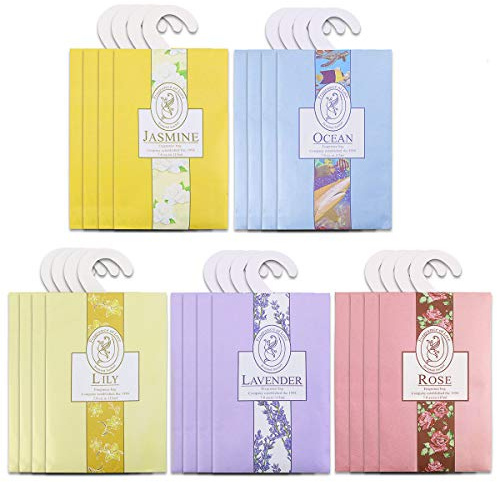 Owevvin 20 Pack Air Freshner Deodorizer Flower Scented Sachets Bags for Drawer and Closet with Hanger