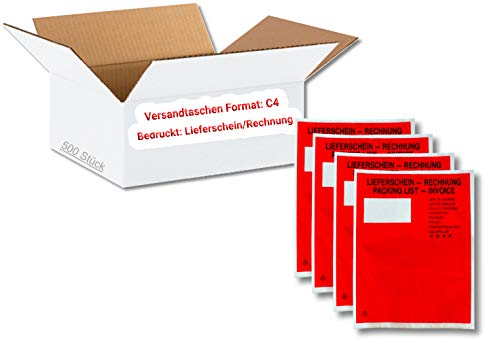dm-folien Lieferscheintaschen C4 I 500 Stück I Selbstklebende Versandtaschen mit Aufdruck I Rot-transparente Versandunterlagen für Lieferscheine & Rechnungen I Versandzubehör aus PP