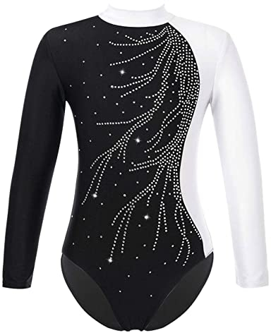 Freebily Kinder Mädchen Gymnastikanzug Glitzer Langarm Ballett Tanz Trikot Leotard Sportbody mit Kunstdiamanten Training Ballettbekleidung A_Weiß 158-164