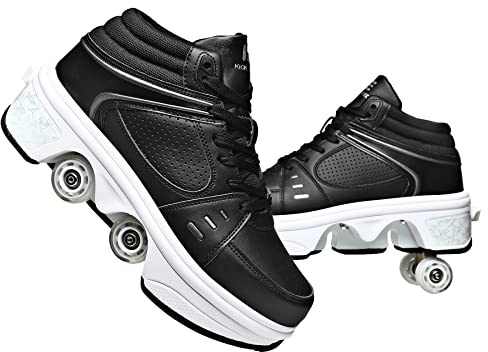 Pairobin 2-in-1 Roller Skates Shoes with Retractable 4 Wheels & Pop-Out Deformation Sneakers Outdoor Sports Skating Shoes for Girls Boys, High-top Black, 5.5