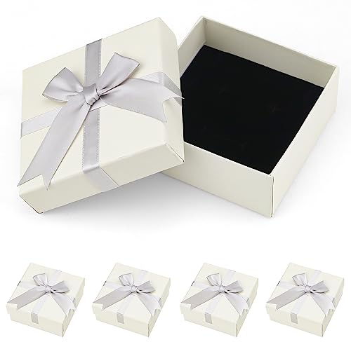 Fizdoqg Lot de 4 boîtes à bijoux en carton 9 x 9 cm - Boîte à bijoux - Boîte cadeau pour bagues, colliers, cadeaux - Présentoir avec ruban gris