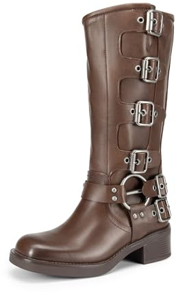 DREAM PAIRS Stivali da motociclista da donna, altezza al ginocchio, con cerniera laterale, punta quadrata, tacco grosso, alla moda, con fibbie, stivali da motociclista, marrone chiaro, 37.5 EU