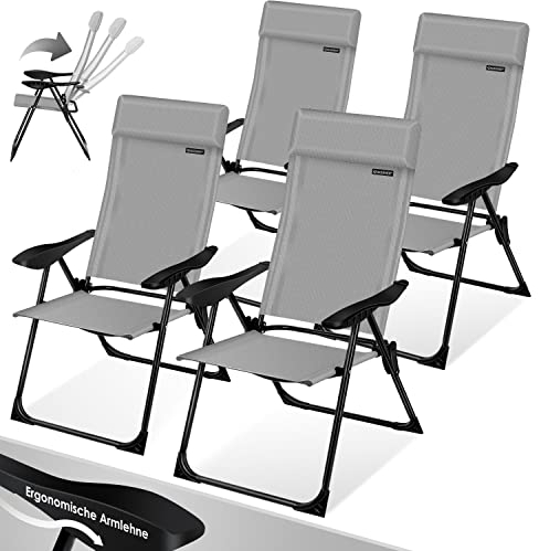 KESSER® 4er Set Gartenstuhl Hochlehner Alu Klappstuhl 7-Fach Verstellbar mit Armlehnen Atmungsaktiv klappbar Campingstuhl Balkonstuhl Klappsessel Garten Terrasse, Grau