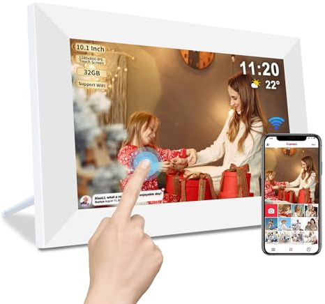 Frameo White 10.1 Inch Smart WiFi Digital Photo Frame,Digital Picture Frame Wi-Fi with 32GB Storage & SD Slot, Electronic Picture Frame IPS Touch Screen with Auto-Rotate, Gifts for Mom, House Warming
