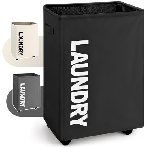 Virklyee Pliant Corbeilles à Linge Tissu Oxford Grand Panier à Linge 63L Bac à Linge avec Roues Trieur de Blanchisserie avec Poignées, Stockage de Vêtements Sales, Jouets, Couvertures(Noir)