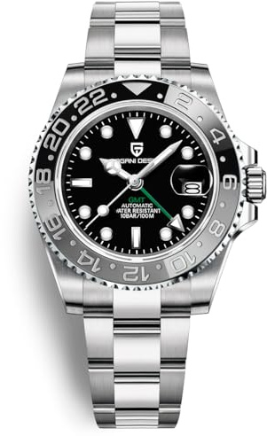 Pagani Design Herrenuhr Automatik Mechanische Uhr GMT Dual-Zeitzone Armbanduhren Edelstahl Zweifarbige Keramiklünette 100M Wasserdicht PD-1662 (Schwarz Grau)