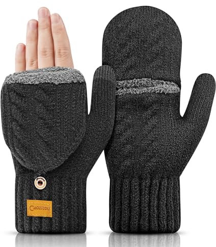 CAOZITOU Handschuhe Herren Damen, Winterhandschuhe Thermo Fingerlos, Winter Warme Touchscreen Strickhandschuhe Outdoor Fingerhandschuhe Weiche (Schwarz)