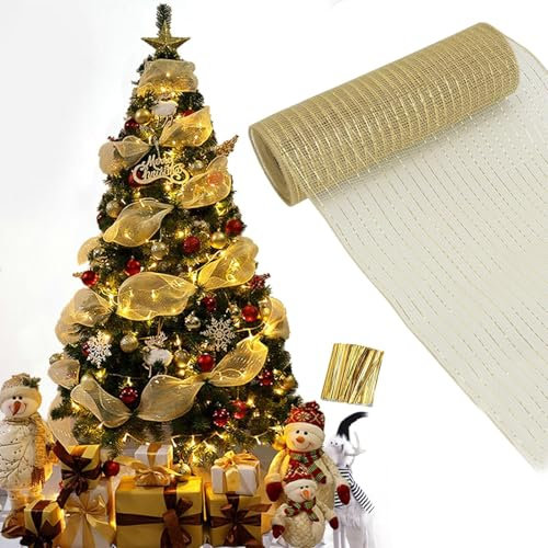 Guirnalda Decorativa Navideña, Guirnalda para Árbol De Navidad, Cinta De Malla De Lámina Dorada, Decoración De Jardín con Barandilla para Fiesta De Bodas De Pascua, 26 Cm X 9,14 M, Color Champán