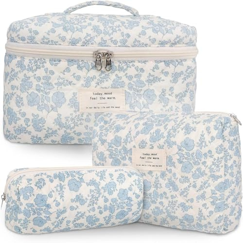 MerwDeeyt 3 Pcs Cotton Makeup Bags Blue Large Capacity Toiletries | Traveling Bags, Aesthetic Cosmetic Organizer Bag, Flower Toiletry Bag, for Women Accessories, Brushes Stuffs