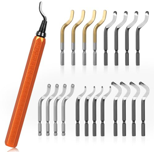 KOMABLEN 21 Pezzi Sbavatore di Attrezzi Set, Sbavatura Strumento con 20 HSS Lame di Ricambio, 360°Rotazione Sbavatore per Metallo per Stampante 3D, Plastica, Alluminio, Rame e Acciaio(Arancia)