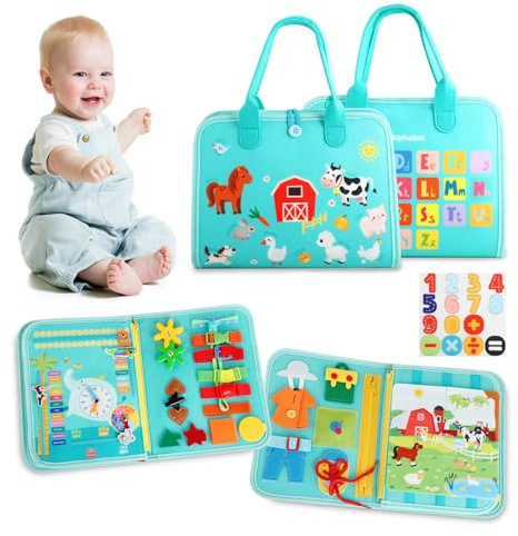 Strehknewen Busy Board Montessori Niños 2 3 4 Años – Tablero Sensorial con 9 Actividades Educativas, Quiet Book Busy Book Portátil, Juguete Motricidad Fina y Viaje Coche Avión