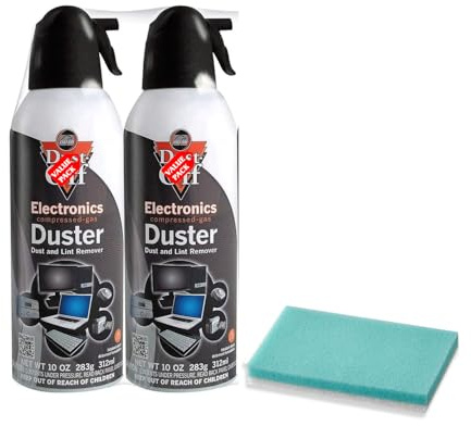 OPTEMS Compressed Air Duster for Electronics – 10oz (Pack of 2) with Cleaning Sponge – Dust-Off Spray for Computers, Keyboards, Cameras, Consoles – Ozone Safe & Residue Free