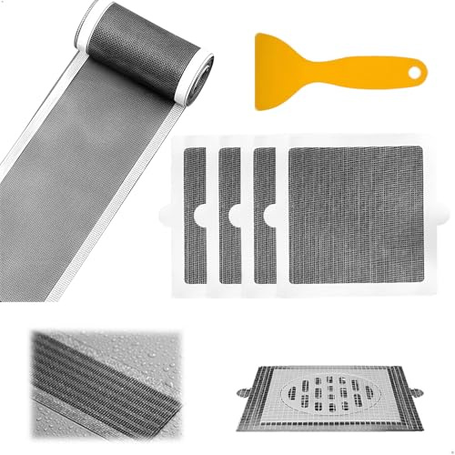 Gexuamz Filtro Atrapapelos para Desagüe de Ducha, Kit 2 en 1 con Rollo y Hojas, Rejilla Adhesiva Anti-Atascos y Anti-Insectos, para Ducha, Bañera y Fregadero de Cocina, 1 Rollo 12cm x 5m+4 Hojas 15cm