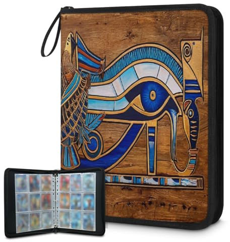 Carpeta para tarjetas coleccionables con 9 bolsillos, diseño egipcio, con diseño de ojos de Horus, con fundas extraíbles, impermeable, con cremallera, capacidad para 50 páginas y 900 tarjetas