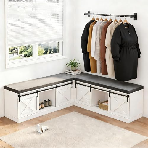 Bvldfamly L Shaped Corner Storage Bench with Cushion,Farmhouse Style Kitchen Breakfast Nook Bench with Sliding Barn Doors,Entryway Shoe Storage Bench for Hallway,Living Room,White
