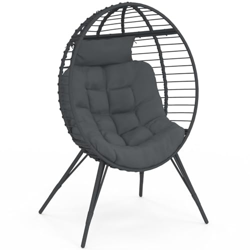 IDMarket - Fauteuil Oeuf sur Pied ajouré Gris Effet rotin avec Coussin Gris