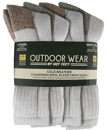 HOT FEET 4 Pack Work Socks for Men & Women - Breathable Boot Hiking Socks, Moisture Wicking Thick Wool Socks, Sizes 6-12.5, Man, Green & Brown