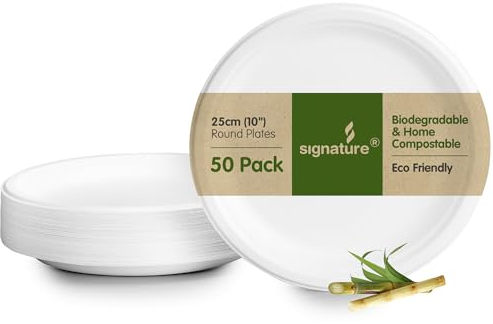 Signature Packaging 50 piatti rotondi in bagassa, molto rigidi, biodegradabili e usa e getta, alternativa ecologica, senza plastica, 26 cm