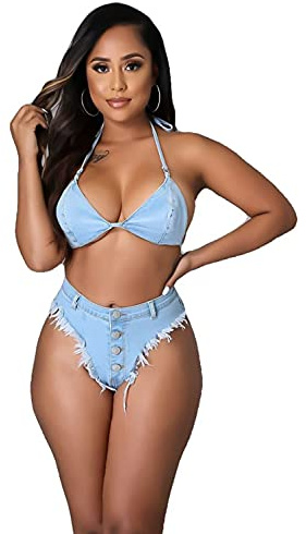 Swimsuit Bathing Suit Women Casual Sexy Denim Fringe Triangle High Waisted Two Piece Bikini Sets Tops Bra V Thong
