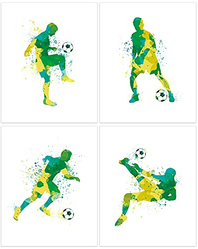 ANHUIB Juego de 4 pósteres de acuarela de fútbol, decoración de pared para habitación de los niños, niños, fútbol, juego de imágenes para adolescentes, dormitorio, 20 x 25 cm, sin marco