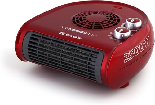 Calefactor horizontal. Dos niveles de potencia: 1250W-2500W. Color Rojo. Selector rotativo de tres posiciones. Función ventilador.