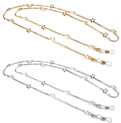 Borsgye 2 Stück Legierung Brillenkette Lesebrillen Brillenbänder Sonnenbrillen Brillen Cord Schnur Gläser Band Hängende Halle Seil mit Antirutsch Ringe für Damen Geschenk - Mond und Stern