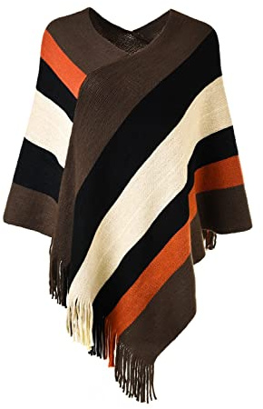 Ferand - Pullover Poncho de Punto para Mujer - Estola, Chal Elegante, Diseño de Rayas Grandes y Flecos, Cálido