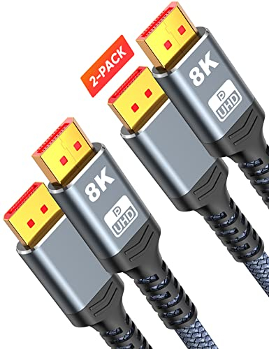 SNOWKIDS 2 Stück DisplayPort Kabel 1.4 2M Displayport 1.4 8K@60Hz 4K@144Hz 2K@240Hz High Speed 32,4 Gbps HDR DSC1.2, Freesync für Gaming Monitor Grafikkarte Laptop TV (Aluminium Legierung&Nylon