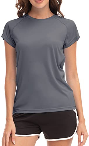 MEETWEE Swim Shirts for Women, Short Sleeve T Shirt Athletic Casual Tops Quick Dry UPF 50+ Running Surfing Workout Yoga Sun Tee Shirts Gray