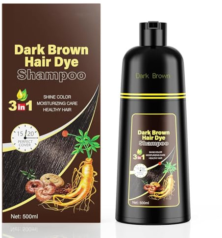 KINGMING Dark Brown 3 in 1 Hair Dye Shampoo for Gray Coverage, Herbal Ingredients for Men and Women, 500ml (Dark Brown)